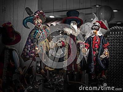 Traditional Venetian marionette dolls in a shop window in Venice Editorial Stock Photo