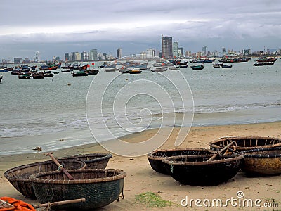 Traditional Vietnamese fishing boats on the Danang Beach Editorial Stock Photo