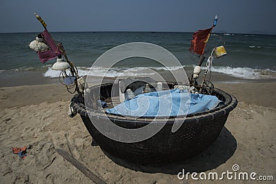 Traditional Vietnamese round fishing boats on the beach. Stock Photo