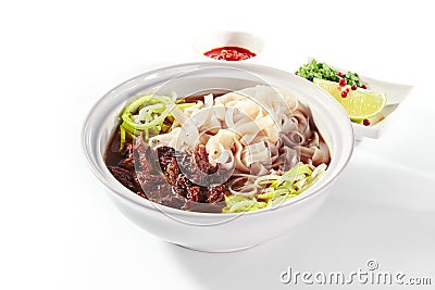 Traditional Vietnamese Soup Pho Bo with Beef Meat Isolated Stock Photo