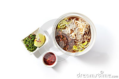 Traditional Vietnamese Soup Pho Bo with Beef Meat Isolated Stock Photo
