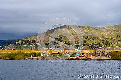 Traditional village on Uros islands on lake Titicaca in Peru Editorial Stock Photo