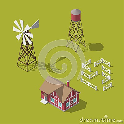 Traditional Vintage Red Farm. Vector isometric 3d Vector Illustration