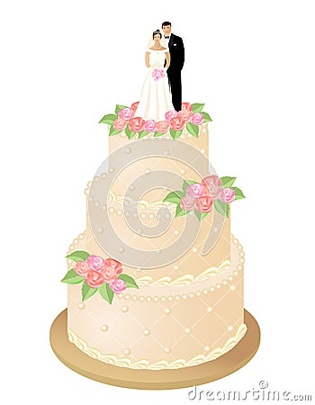 Traditional wedding cake decorated cream roses and bride and groom figurines married couple on top. Vector Illustration