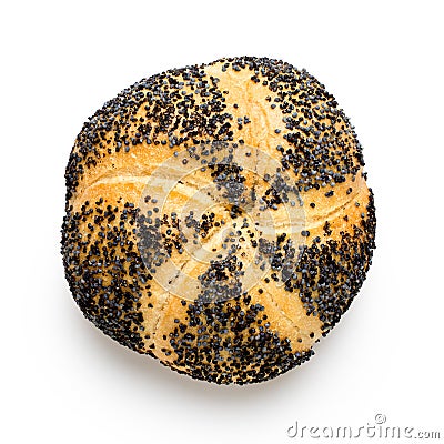 Traditional white kaiser roll with poppy seeds isolated on white. Top view Stock Photo