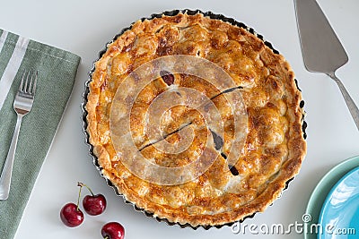 A traditional whole cherry pie, top view Stock Photo