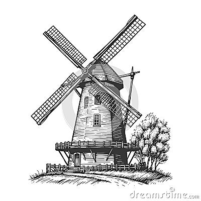 Traditional Windmill Engraved Illustration raster Cartoon Illustration