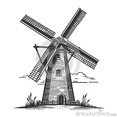 Traditional Windmill Engraved Illustration raster Cartoon Illustration