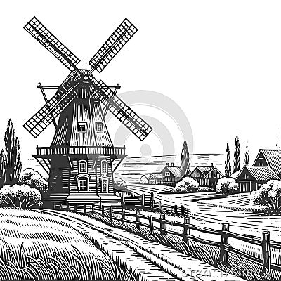 Traditional Windmill Engraved Illustration vector Vector Illustration