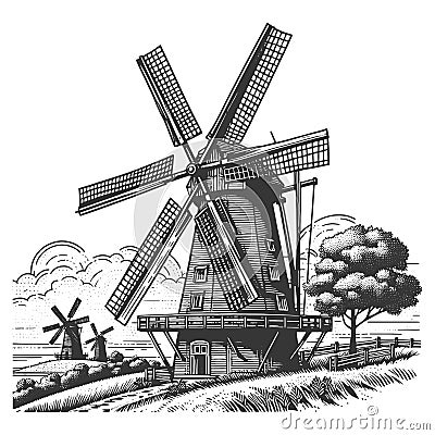 Traditional Windmill Engraved Illustration vector Vector Illustration