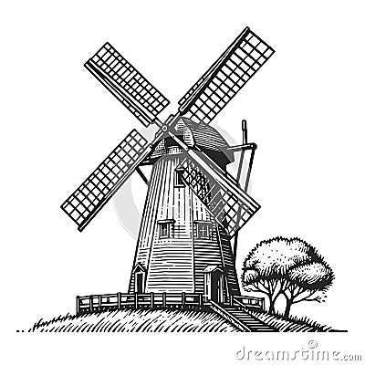 Traditional Windmill Engraved Illustration vector Vector Illustration