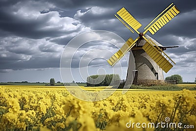 traditional windmill stands amidst a vibrant yellow flower field under a cloudy sky, exuding a serene, picturesque landscape, ai Stock Photo