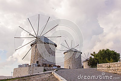 Traditional windmills in Alacati, Izmir province, Turkey Editorial Stock Photo