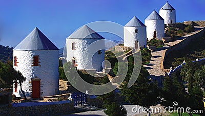 Traditional windmills on Leros Island Greece Stock Photo