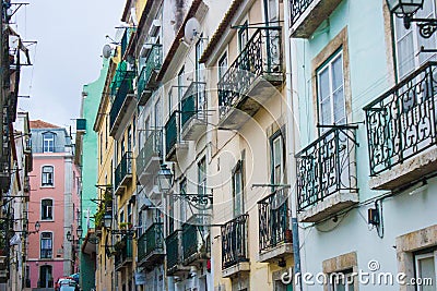 Traditional windows and balconies in Bairro Alto, Lisbon, Portugal Stock Photo