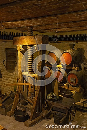 Traditional winemaking equipment in Castello di Razzano, Piedmont, Italy Editorial Stock Photo