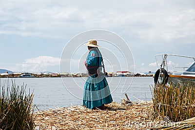 Traditional Woman on Uros Islands - Lake Titicaca - Peru Editorial Stock Photo