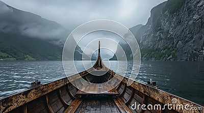 Traditional wooden boat on a misty fjord Stock Photo