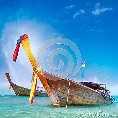 Traditional wooden boat in Thailand near Phuket island Stock Photo