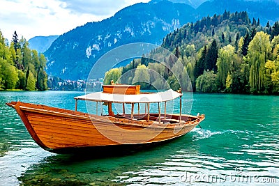 Traditional wooden boats, called Pletna, in Bled Lake. Stock Photo