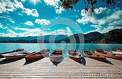 Traditional wooden boats Pletna on the backgorund of Church on the Island on Lake Bled, Slovenia. Europe. Stock Photo
