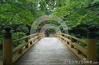 Traditional wooden bridge in old Japanese garden, Kyoto Stock Photo