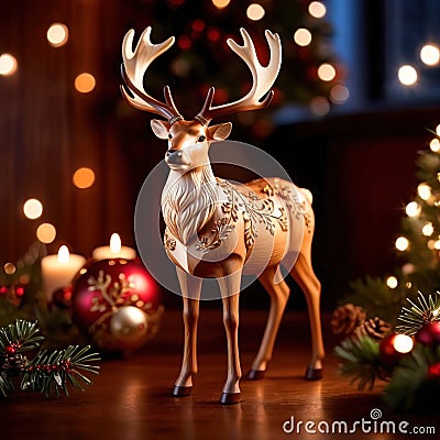 Traditional wooden carved reindeer, festive Christmas ornament Stock Photo