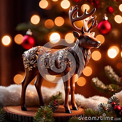 Traditional wooden carved reindeer, festive Christmas ornament Stock Photo