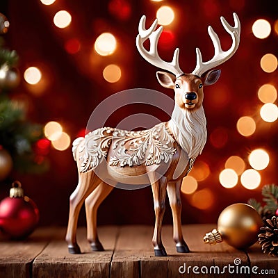 Traditional wooden carved reindeer, festive Christmas ornament Stock Photo