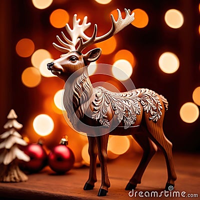Traditional wooden carved reindeer, festive Christmas ornament Stock Photo