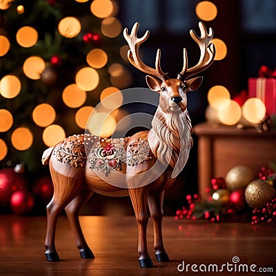 Traditional wooden carved reindeer, festive Christmas ornament Stock Photo