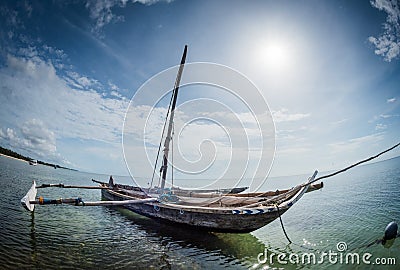 traditional wooden catamaran sail boat in Kendwa Zanzibar, Tanzania and Diani Beach Kenya, Africa Stock Photo