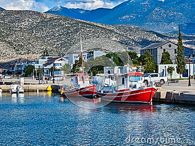 Traditional Wooden Fishing Boats, Itea, Greece Editorial Stock Photo