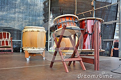 Traditional wooden Japanese Taiko drums with `Hirado` and `Okedo` drum Stock Photo