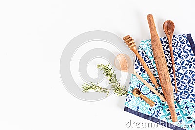 Traditional wooden kitchen utensils abd kitchenware mock up. Home cooking, recipe book template Stock Photo