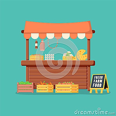 Traditional wooden market food stall full of groceries products with flags, crates and chalk board. Vector Illustration