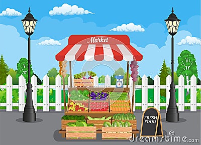 Traditional wooden market food stall Vector Illustration