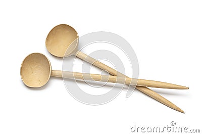 Traditional wooden Moroccan harira spoons isolated on white background Stock Photo