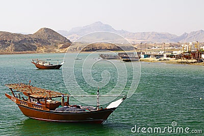 Traditional wooden ships in the harbor of Sur, Sultanate of Oman Stock Photo