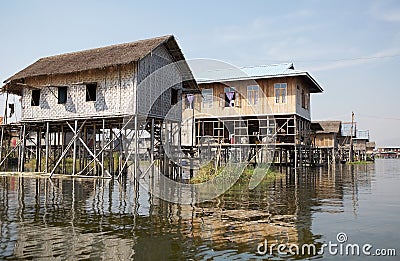 Traditional wooden stilt houses on the Lake Inle Myanmar Stock Photo