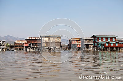 Traditional wooden stilt houses on the Lake Inle Myanmar Stock Photo