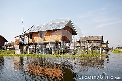 Traditional wooden stilt houses on the Lake Inle Myanmar Stock Photo