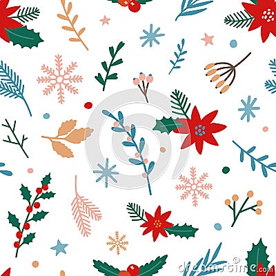 Traditional Xmas plants flat vector seamless pattern. Mistletoe, poinsettia, winterberry on white background. Christmas Vector Illustration