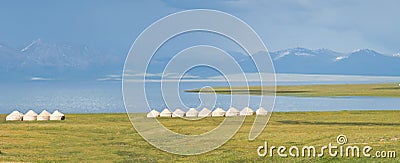 Traditional Yurt tent camp at the Song Kul lake plateau in Kyrgyzstan Stock Photo