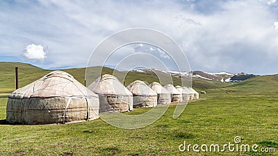 Traditional Yurt tent camp at the Song Kul lake plateau in Kyrgyzstan Stock Photo