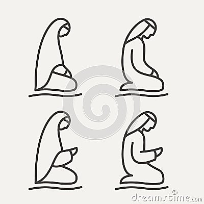 Traditionally clothed Muslim Arab man and woman making a supplication Salah versions in different poses Vector Illustration