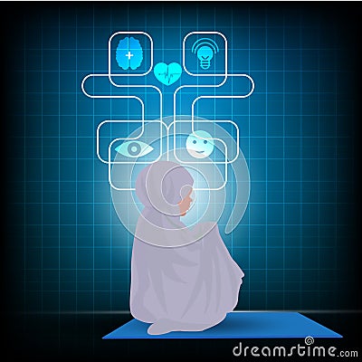 Traditionally clothed muslim woman making a supplication salah while sit down Stock Photo