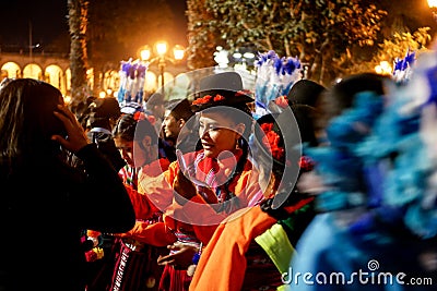 Traditionally dressed people during yearly anniversary celebration of white city Arequipa Editorial Stock Photo