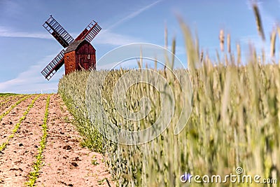 Traebene Mill Windmill with green fields Stock Photo