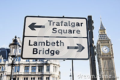 Trafalgar Square and Lambeth Birdge Street Sign, London Stock Photo